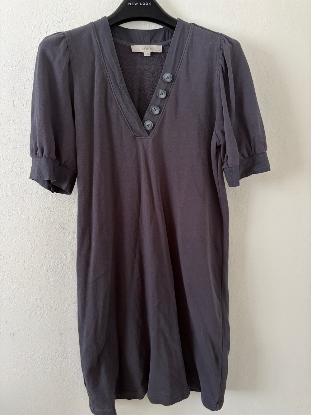 LOFT Charcoal Short Sleeve V-Neck Midi Dress